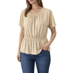 Wardrobe Crew Neck Peplum Flutter Sleeve Beige Top Size Small